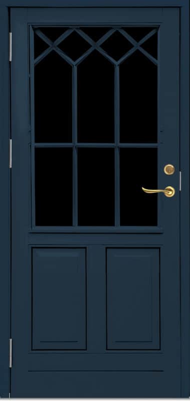 Blå ytterdörr veranda allmoge med 3 krysspröjs naturdörr