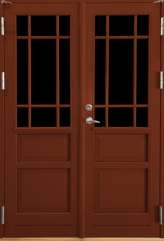 Dubbeldörr allmogestil med snickarglädje 4 dörrspeglar och 18 spröjs färg terracotta