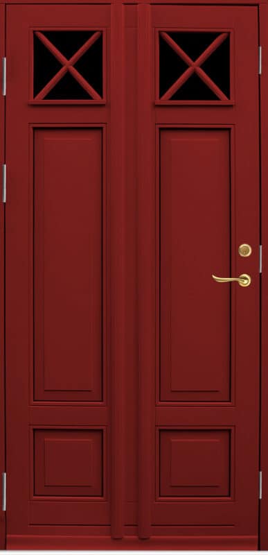 Mörkröda ytterdörrar enkelpardörr med krysspröjs och dörrspeglar