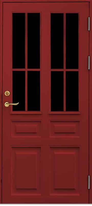 Ytterdörr lantlig stil Ytterdörrar med 4 dörrspeglar och spröjs i kryss röd färgkod RAL 3011